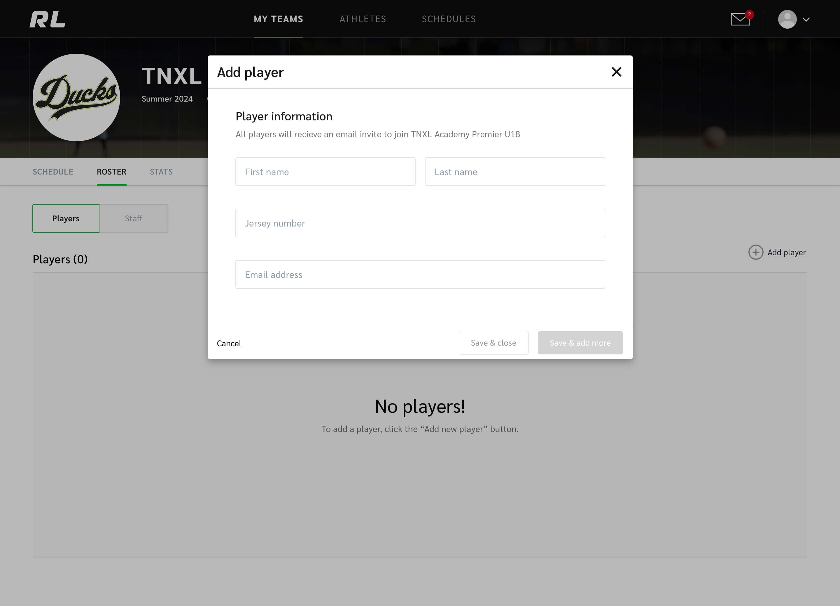 Add player modal empty