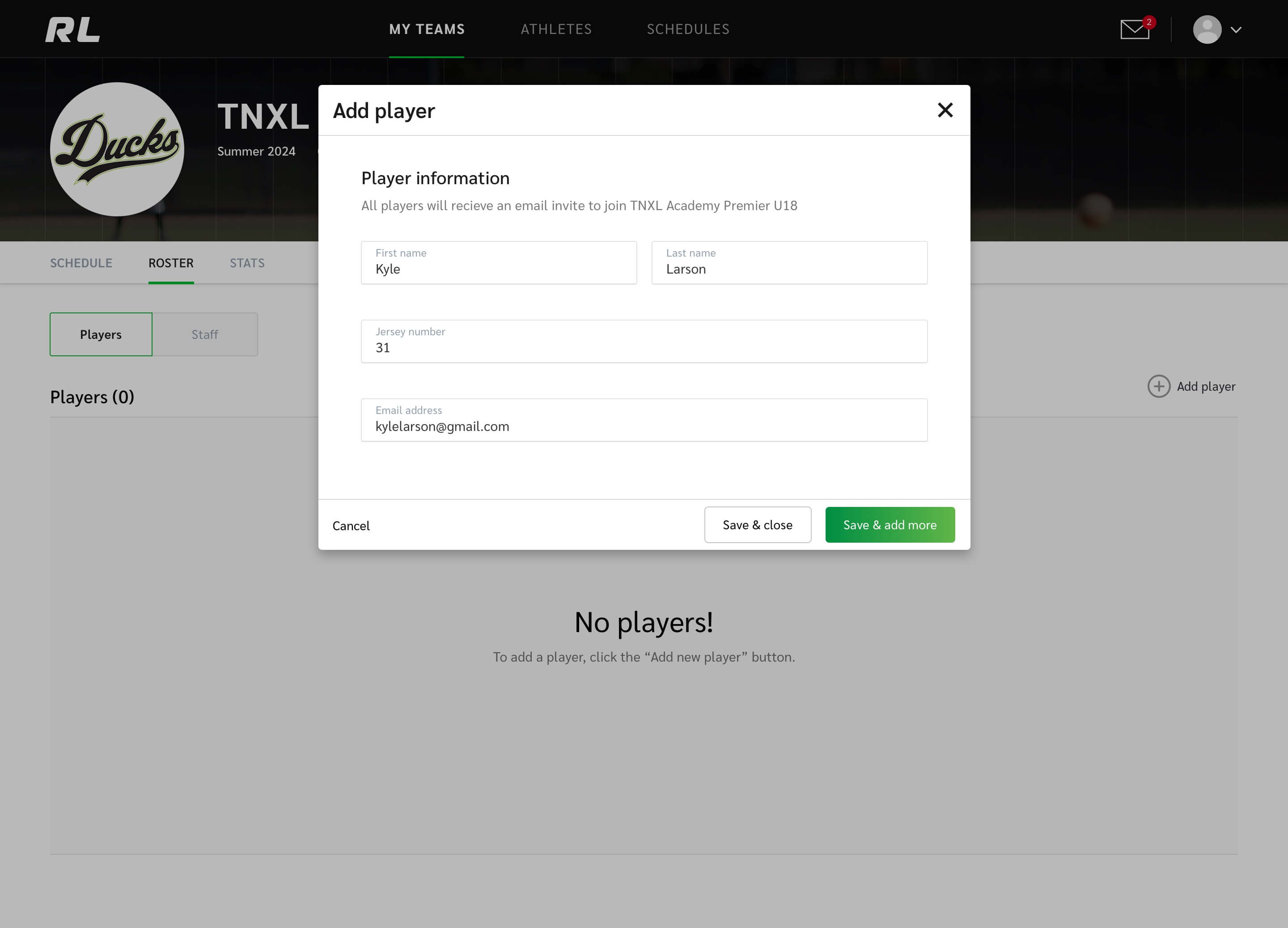 Add player modal filled