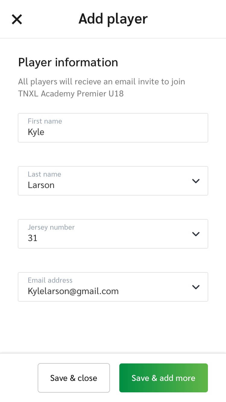 Add player modal filled